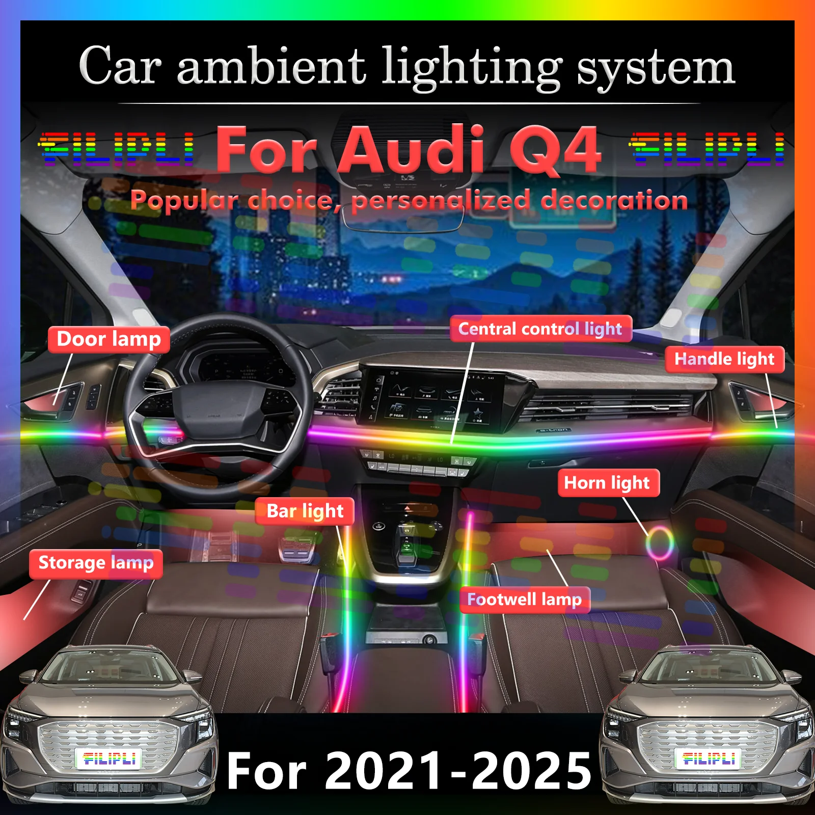 

For Audi Q4 Car Interior Ambient Light RGB 64-Color LED Rainbow Acrylic Strip Smart Remote Control Energy Saving Efficient Lamp