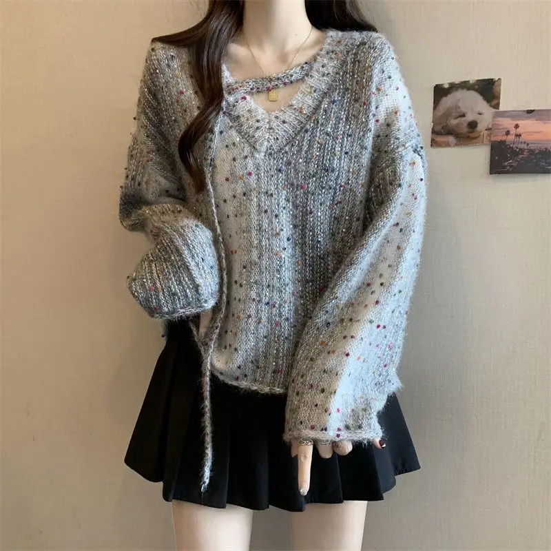 

Color Dot Knitted Sweater Gray V-Neck Women 2024 Autumn Winter Large Size Loose Western Style Age-Reducing Top