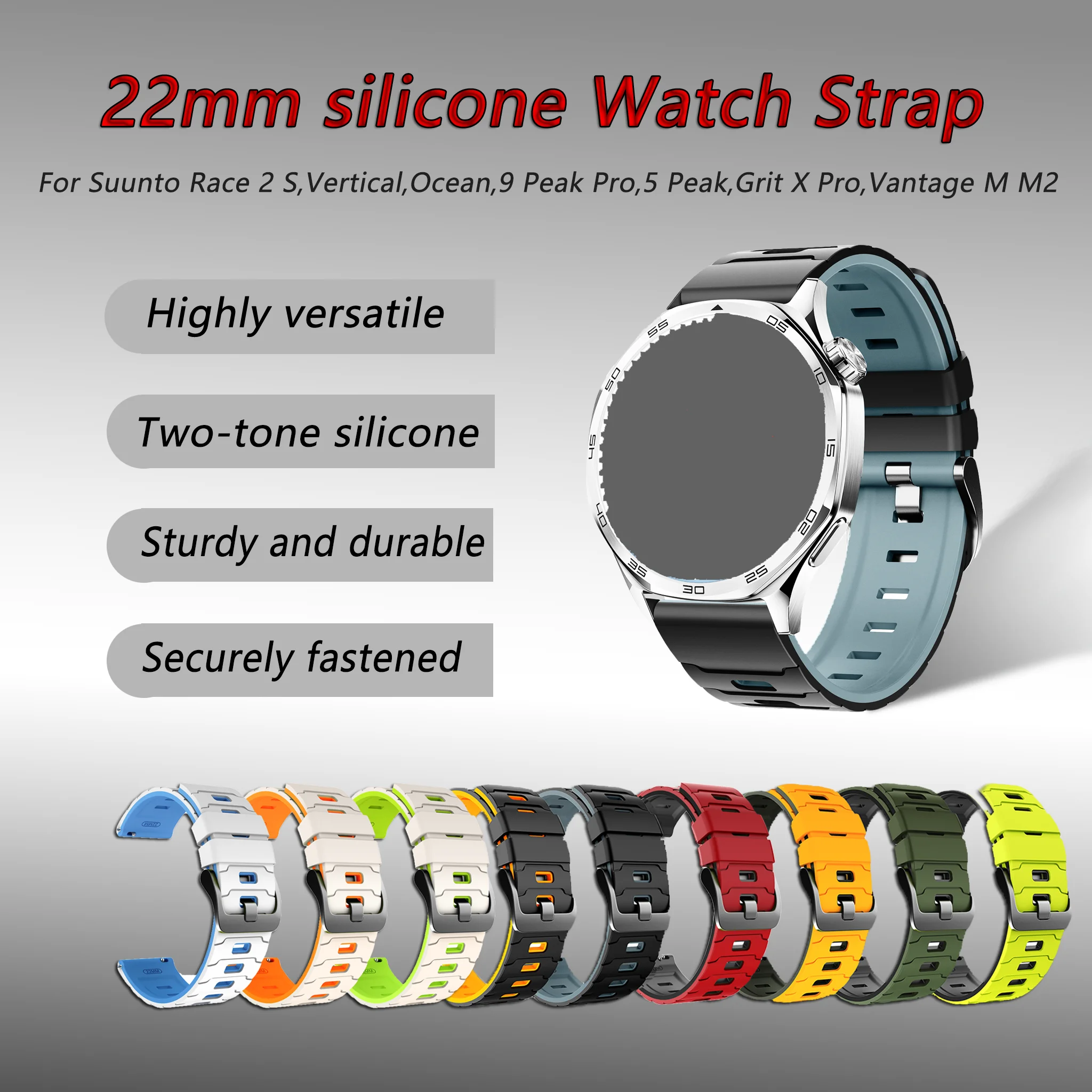 Correa de silicona de 22mm para reloj Suunto Race 2/S,Run,9 Peak Pro Vantage M2, correa de repuesto para pulsera Suunto 5/9 Peak