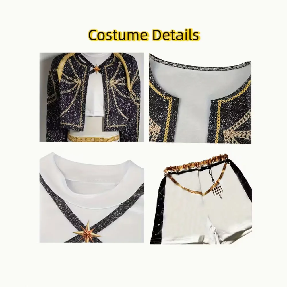 Fantasia de cantor pop, conjunto de quatro peças incluindo uma jaqueta, um forro, um par de shorts, uma guitarra inflável, festa de Halloween