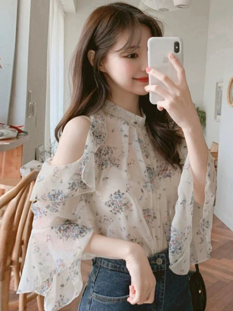 M-4XL Blouses Women Simple Leisure Retro Loose Streetwear Popular Holiday Off Shoulder Creativity Print All-match Students Daily