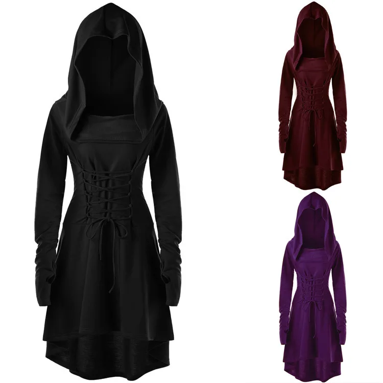 

European and American Women's Solid Color Festival Performance Clothes Long-sleeved Hooded Strap-on Dresses