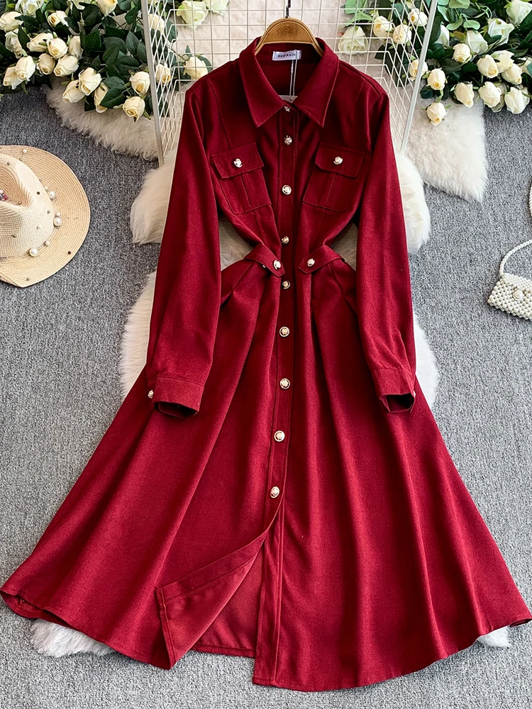 여성 셔츠 드레스 겨울 프렌치 스타일 라펠 긴 소매 코듀로이 메탈 버클 벨트 대형 스윙 미드 길이 드레스 DS237