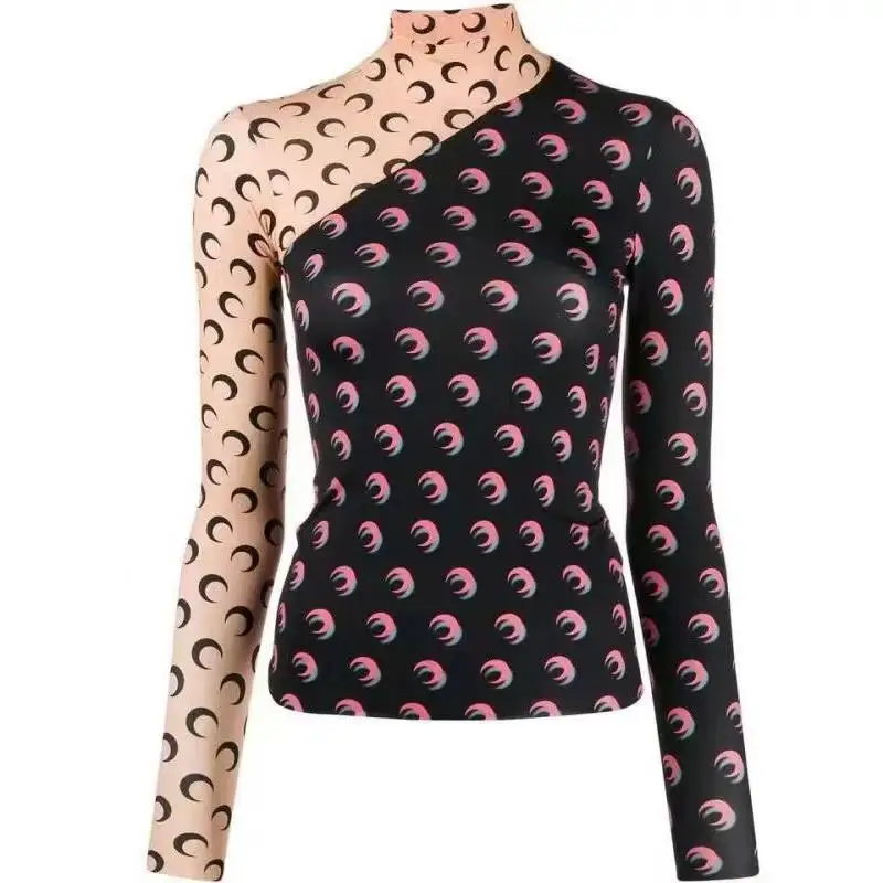 T-shirt da donna con stampa luna a maniche lunghe con giunture a strati Protezione UV Top casual slim fit per il pendolarismo quotidiano Streetwear