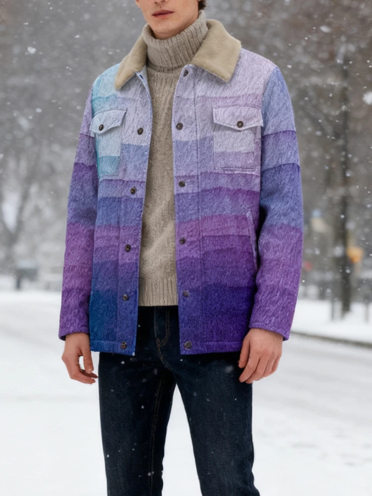 

Unisex Abstract Nature Color Print Jacket with Faux Shearling Collar Trendy Blue Gradient Coat with Buttons for Winter Men Women