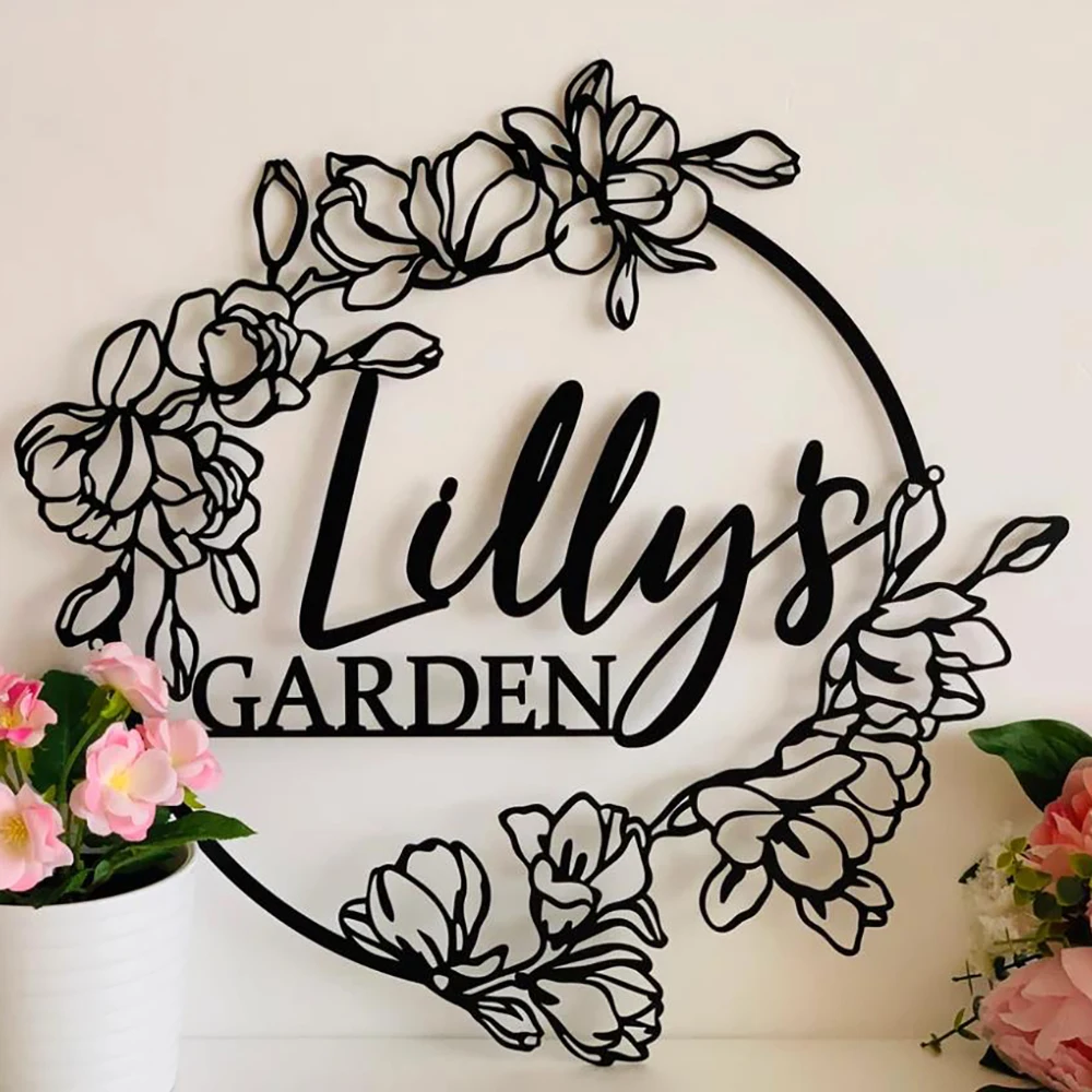 Personalized Garden Name Sign Custom Metal Wall Art Gift for Gardeners Decoration Hanging Outdoor Decorative Floral Sign Board