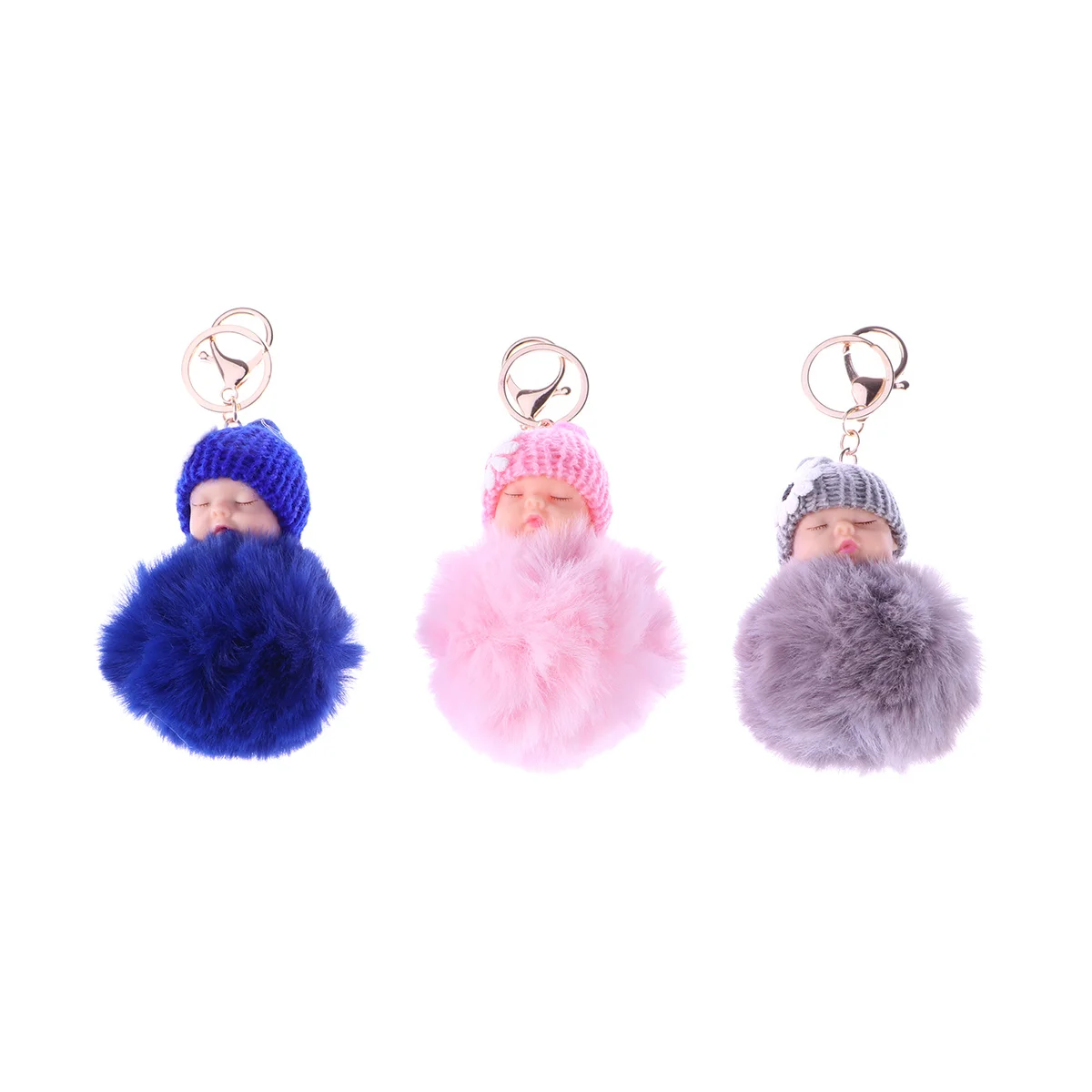 Sleeping Baby Ball Pompom Key Chain Light Pink Handbag Car Keyring Cute Accessory Charming Key Ring Gift for Women Ladies