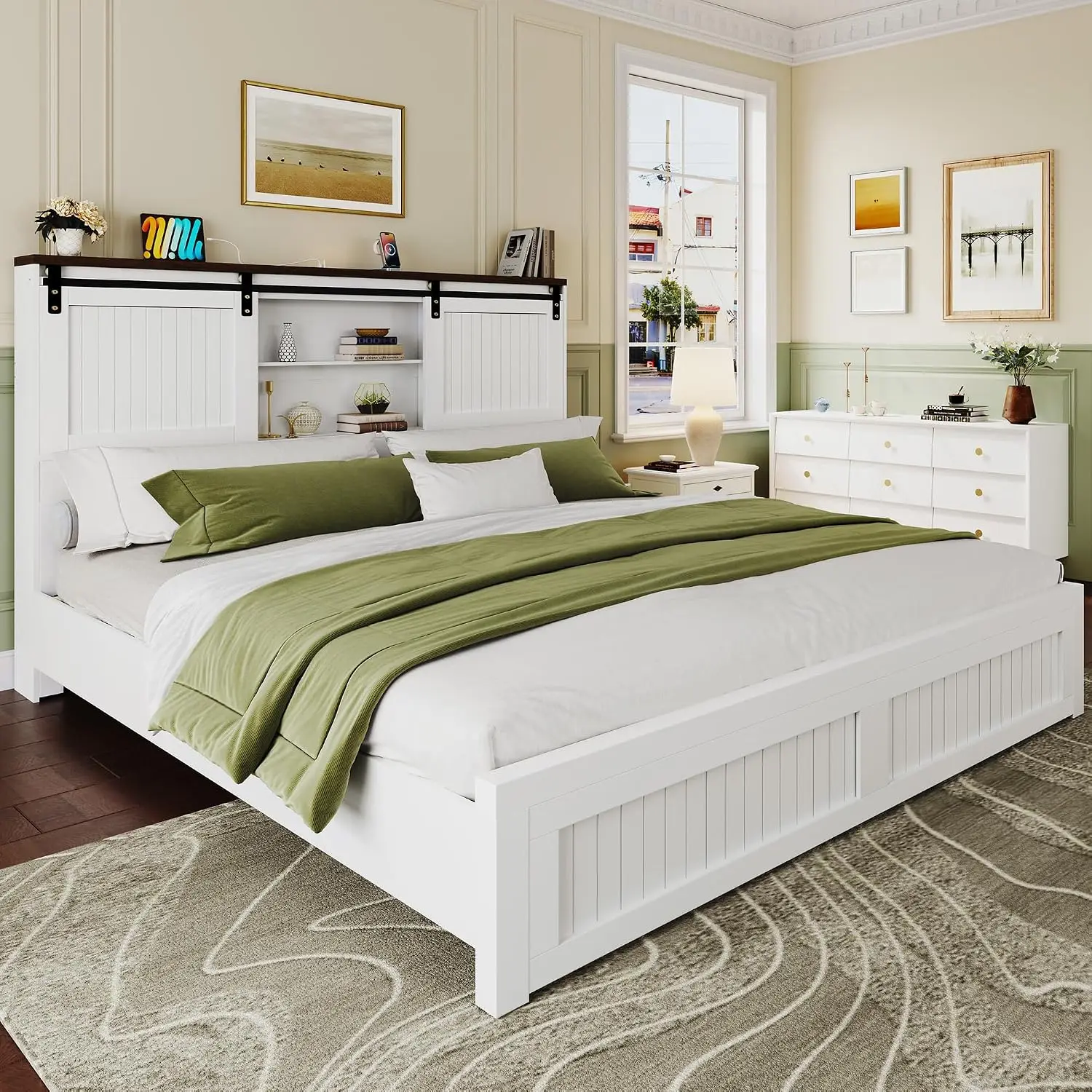 Queen Size Storage Bed Frame With LED Reading Lights & USB Ports, Customized