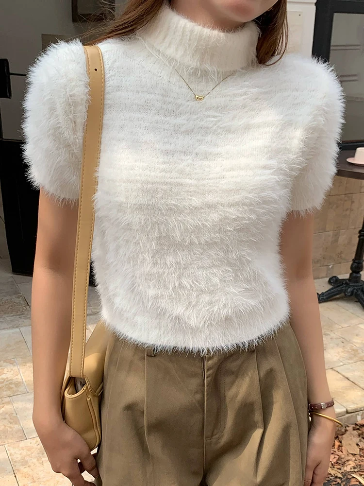 

Mohair Sweater Turtleneck Short Sleeve Tops Stretch Slim-Fit Knitwear 2025 New Korean Fashion Jumper Spring Summer Pullovers