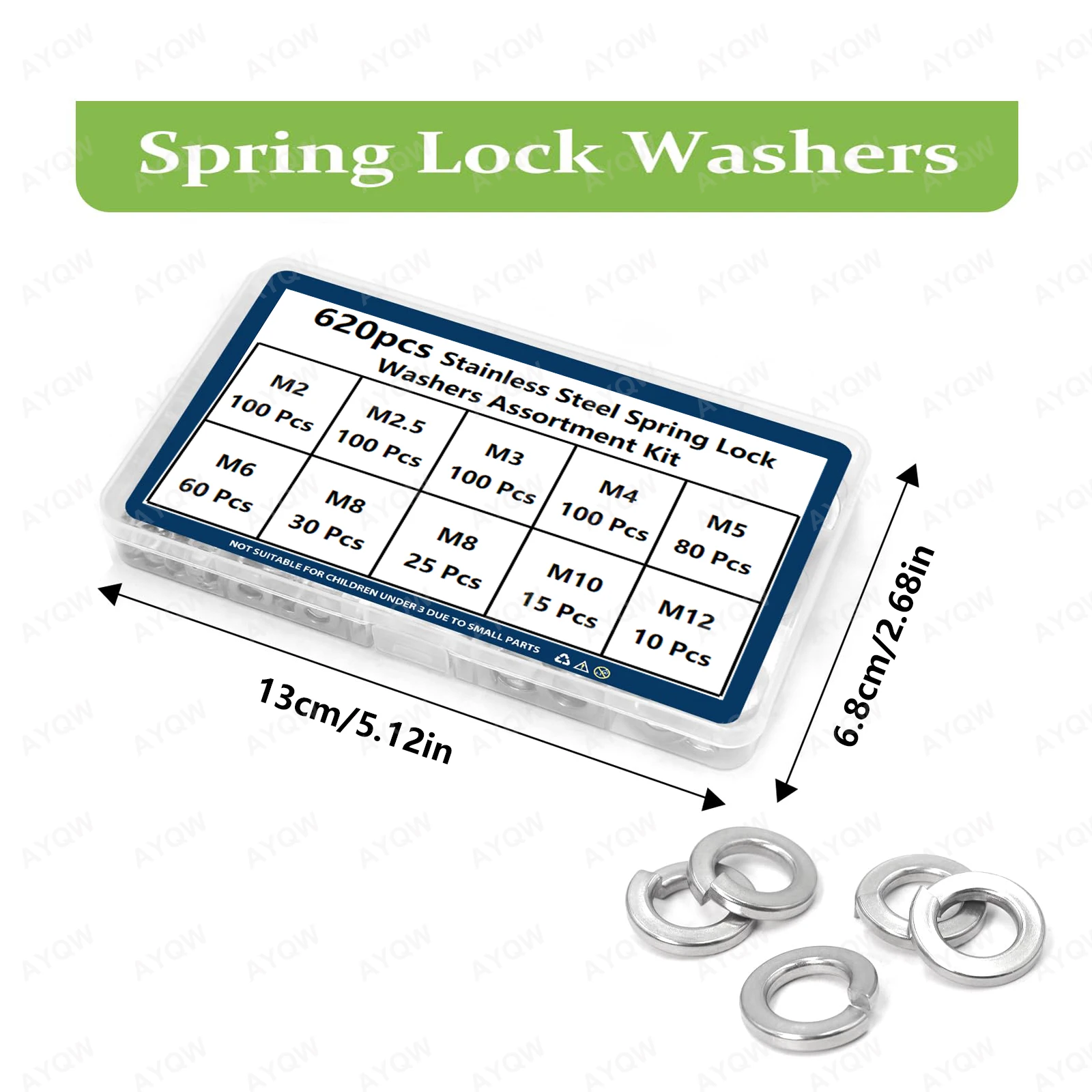 Spring Lock Washers Kit ( 620pcs) , M2-M12 Metric Split Lock Washer Set,304 Stainless Steel Lock Washers for Screws Bolts