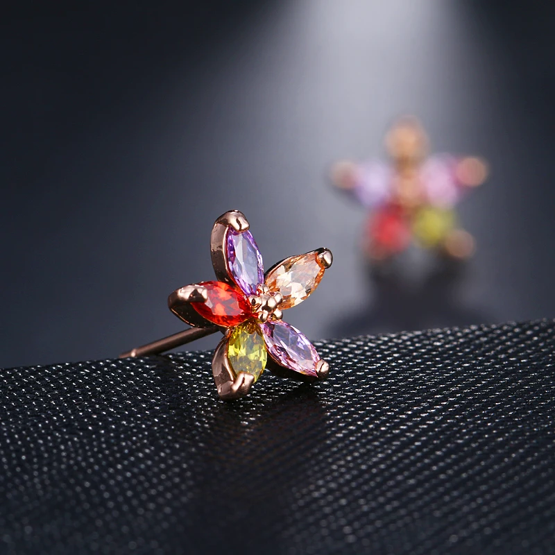 GMGYQ Classic Fashion Charming Rose Gold Color 5-Petal Flower Colorful Zirconia Sets for Lovely Girls Sweety Jewelry Gift