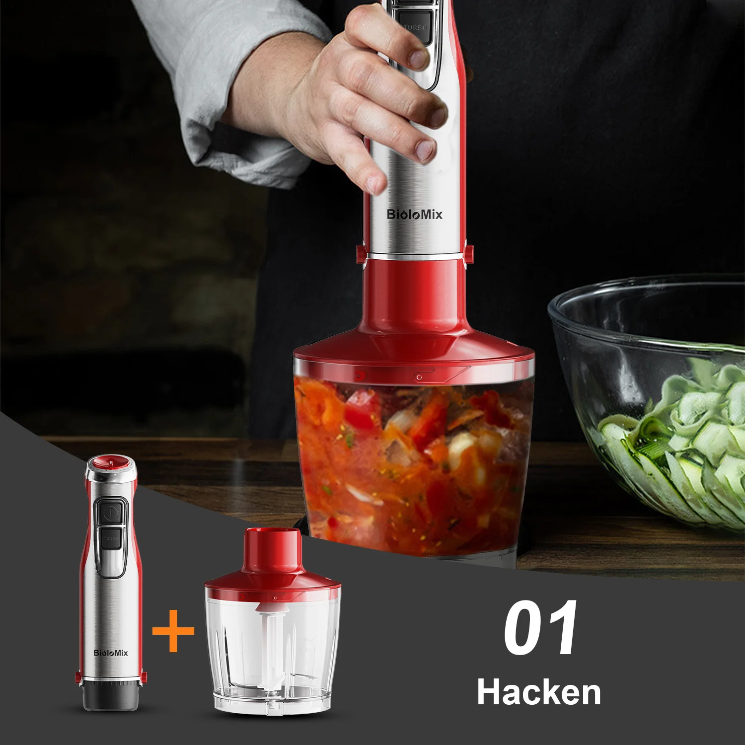 BioloMix Roter 1200 W 4-in-1-Stabmixer mit Zerkleinerer und Smoothie-Becher, Edelstahl-Tauchmixer für Babynahrung und Eiszerkleinerung – Detail 4