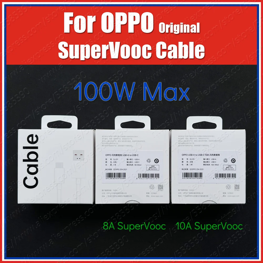 DL129 10A 8A Original OPPO SuperVooc USB A to USB Type C Data Cable 100W 80W 65W 67W 44W 33W Fast Charge Cable