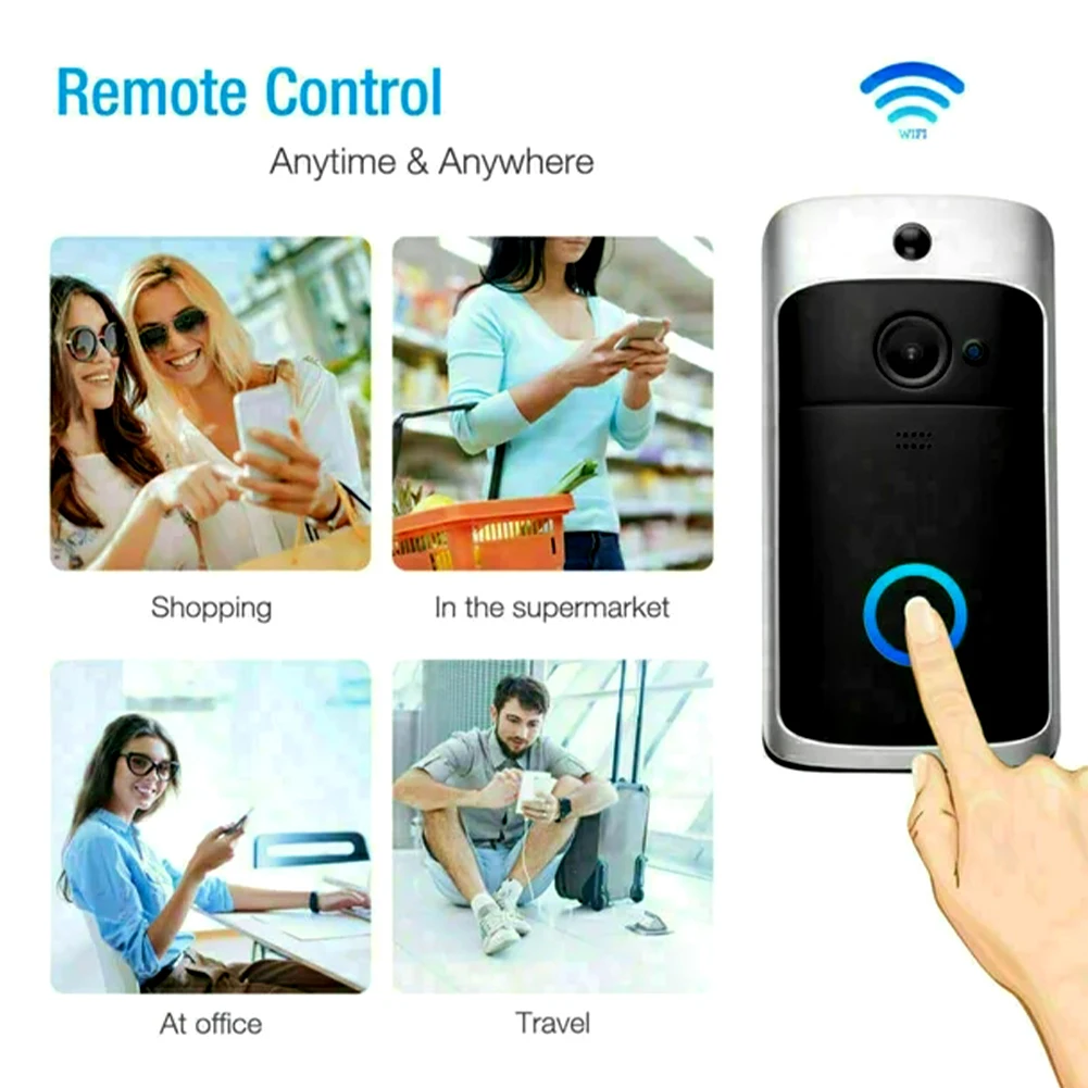 Sem fio WiFi Smart Home Security, 720P HD, áudio bidirecional, App de telefone, IR Night Vision, alimentado por pilhas, campainha de vídeo anel de plástico