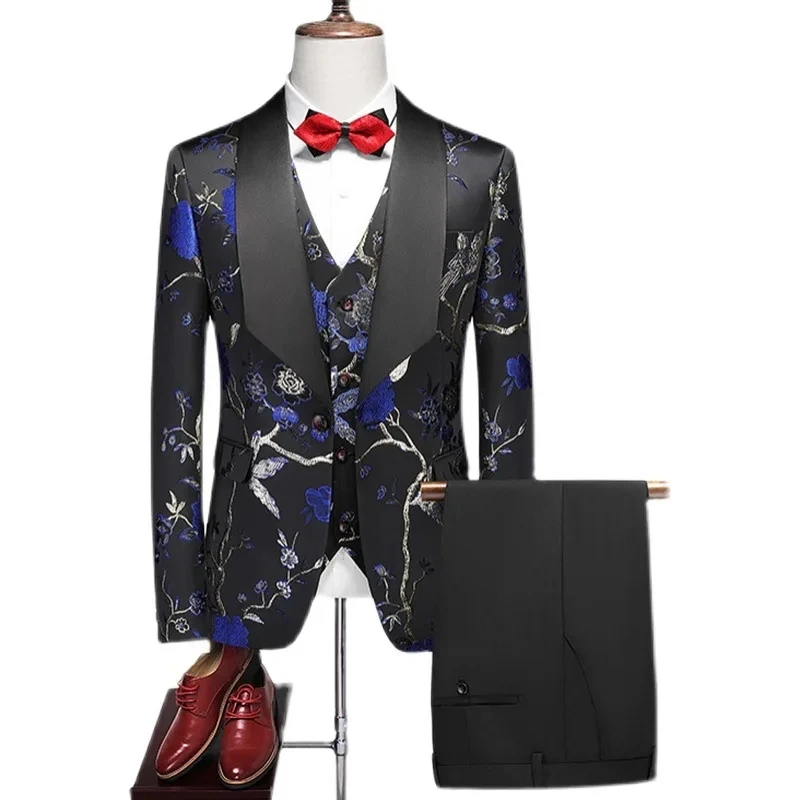 Terno Masculino Men Suit Floral Fashion Style Slim Fit Party Wedding Wear One Button 3pcs/set Groom Tuxedos Costume