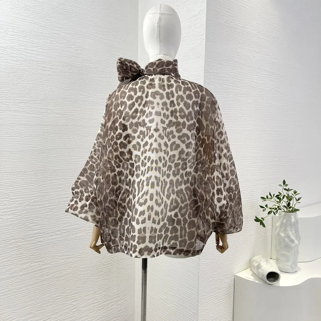 

2025 New High Quality Brown Leopard Print Long Sleeve Blouse Tops Silk