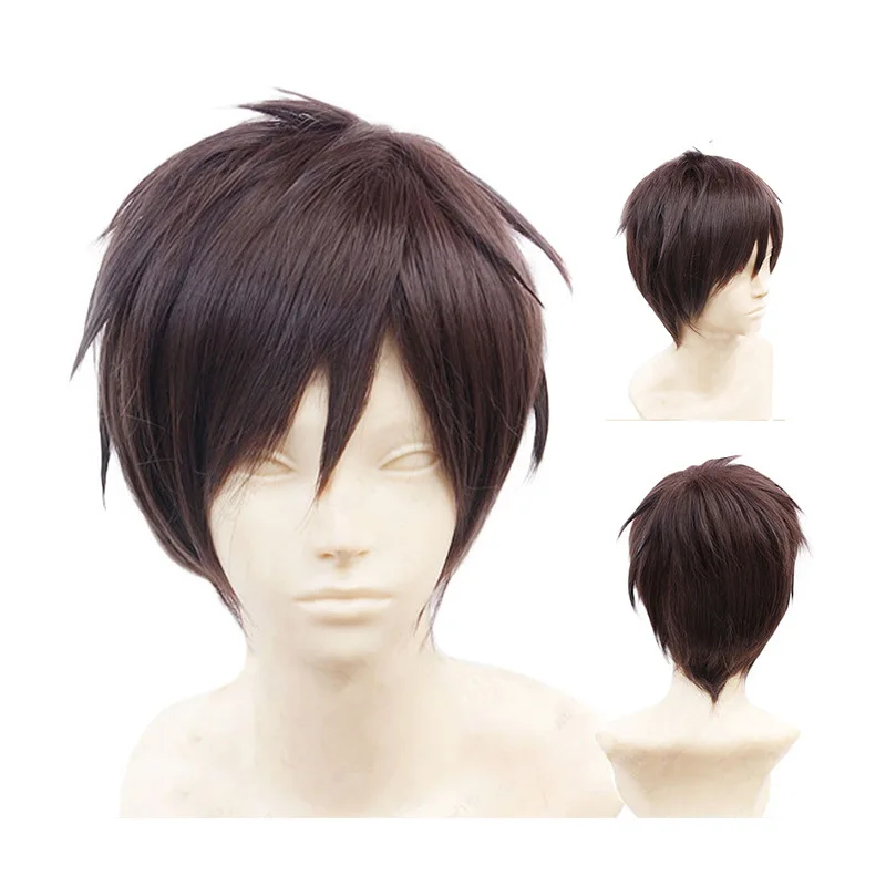 Peluca sintética de cosplay marrón oscuro con raya en medio, inspirada en el estilo de anime de Eren Yeager, para fiestas, juegos de rol, carnaval, lista para enviar.