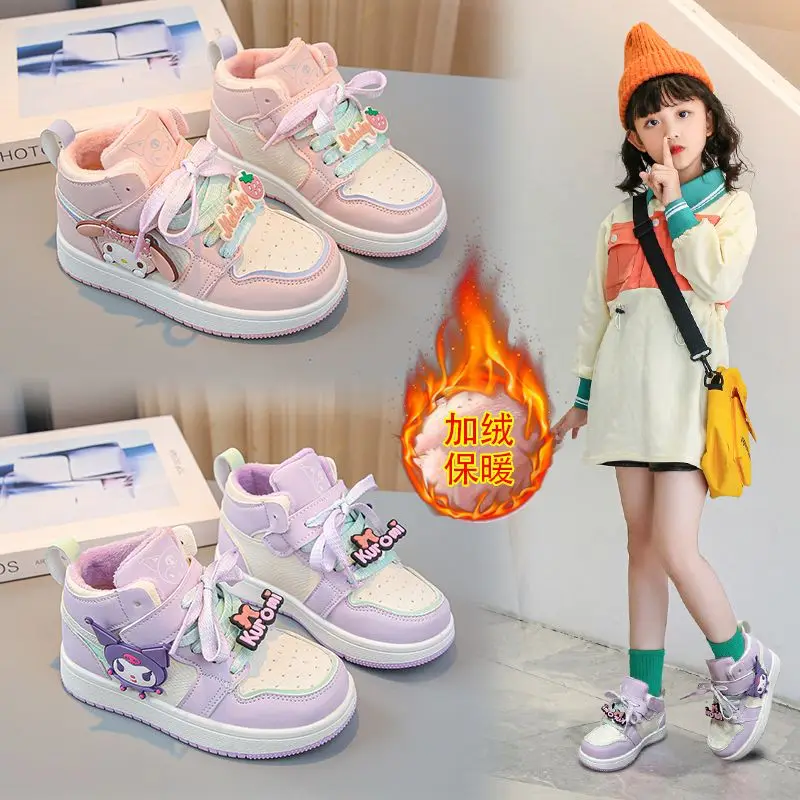 

My Melody Anime Kawaii MINISO Children Sports Shoes Autumn Winter Cute Kuromi Cashmere Running Board Sneakers Gifts for Kids