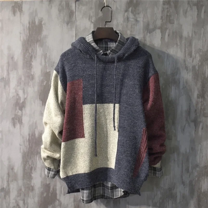 Autumn Winter Coat Hooded Sweater Knit Pullover Men's Clothing Japanese Retro Tops Patchwork Jacket Korean Loose Streetwear New