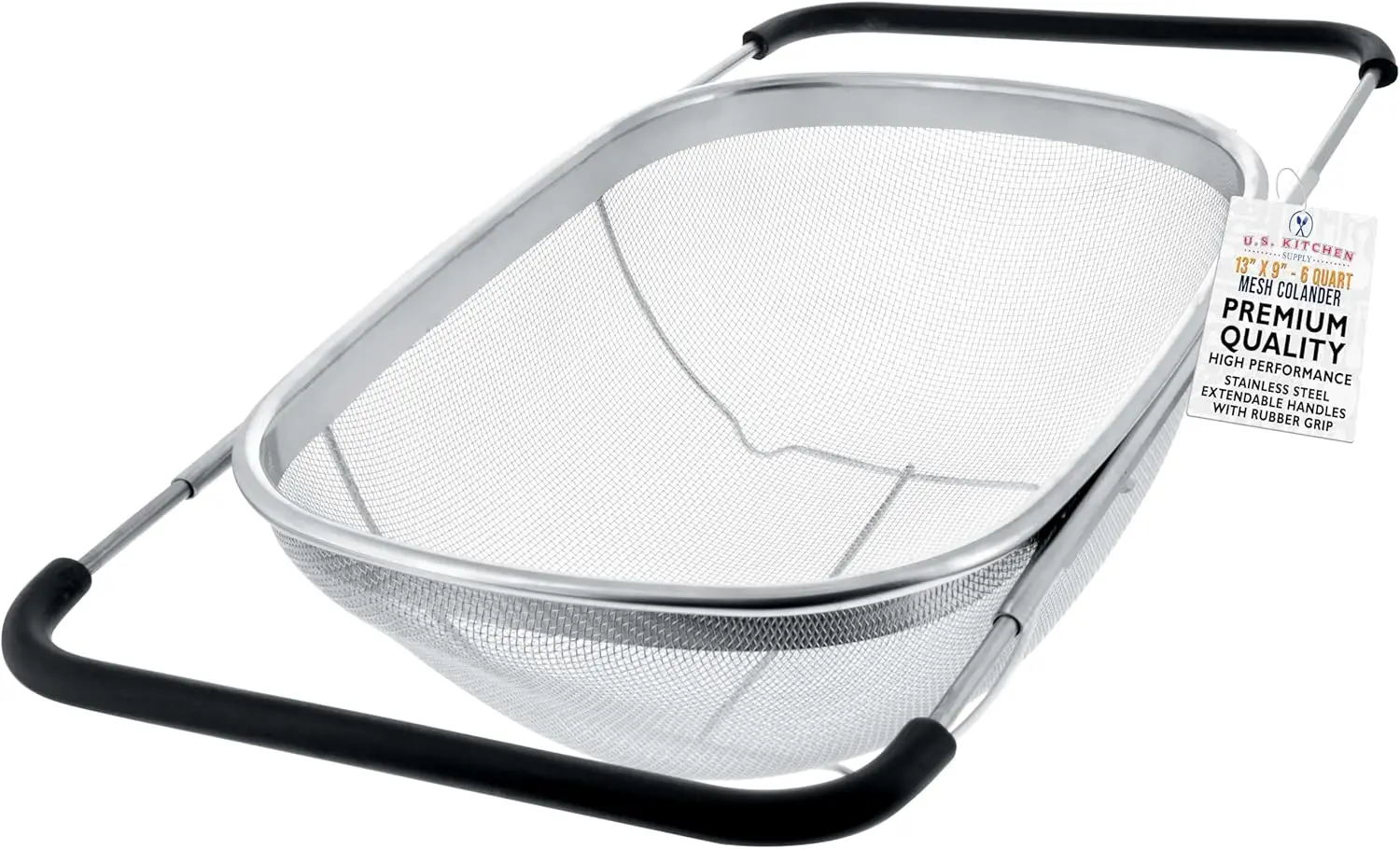

Stainless Steel Colander Strainer - 6-Quart Collapsible Colander with Expandable Rubber Handles - Rectangular Sieve, Fin