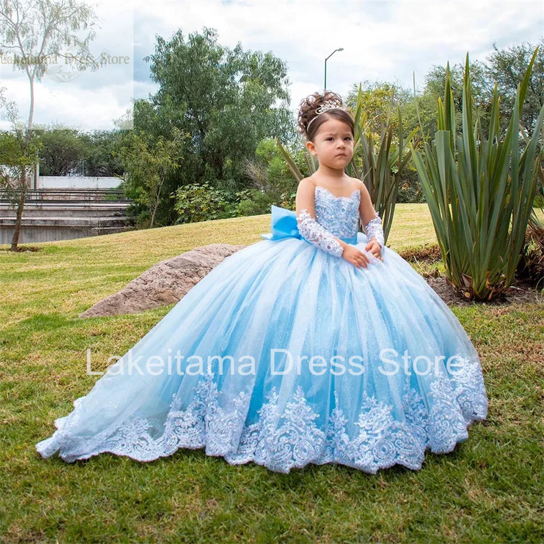 Robes à fleurs bleu ciel pour filles, en Tulle, avec nœud perlé, manches longues, pour fête de mariage, anniversaire, concours, Robe de première Communion