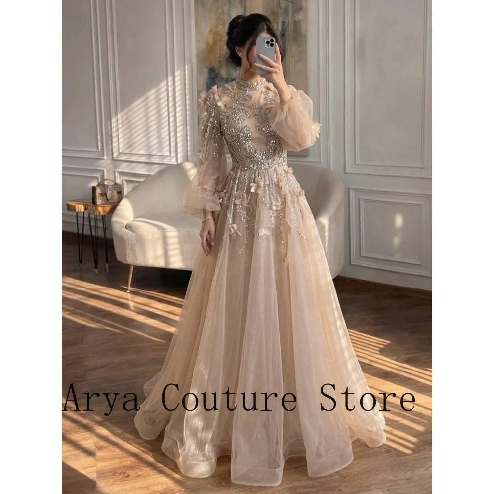 Maßgeschneidertes Champagner Hochgeschlossenes Langarm-Abendkleid mit Perlen und 3D-Blumen aus Tüll, A-Linie, für Damen, Abschlussball, Hochzeitsgäste, Übergröße