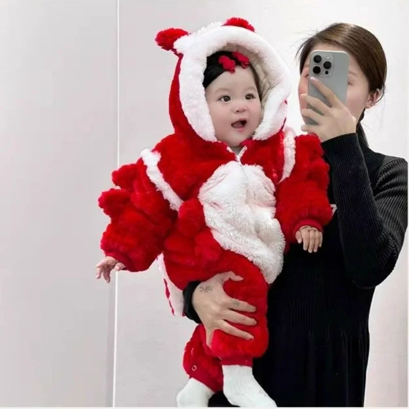 2025 Baby Winter New Year's Suit Female Jumpsuit Plus Fleece Thickened Sweater Male Baby Super Cute Red New Year's Crawling Suit