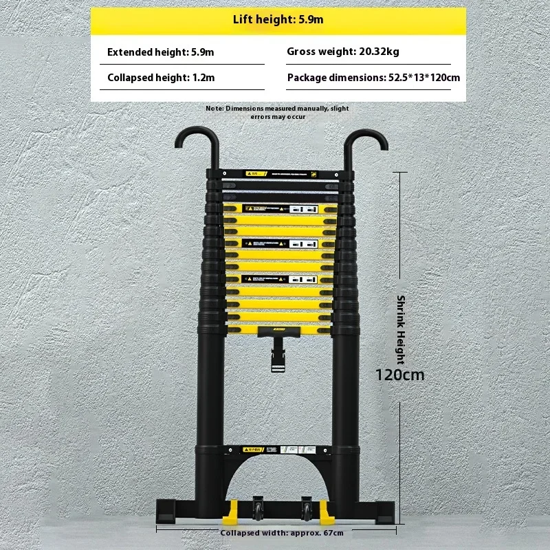 New black yellow aluminum alloy telescopic straight ladder with balance bar and hook, movable pulley, widened anti-skid pedal
