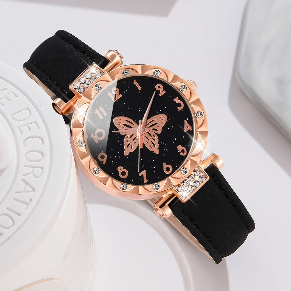 6PCS/Set Black Women Watch Fashionable Starry Sky Elements Dial Quartz Wristwatch Leather Strap Watch Jewelry Set Gift For Her