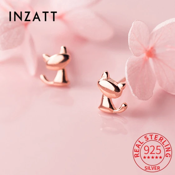 

INZATT Real 925 Sterling Silver Cat Stud Earrings For Fashion Women Animal Cute Fine Jewelry Minimalist Accessories
