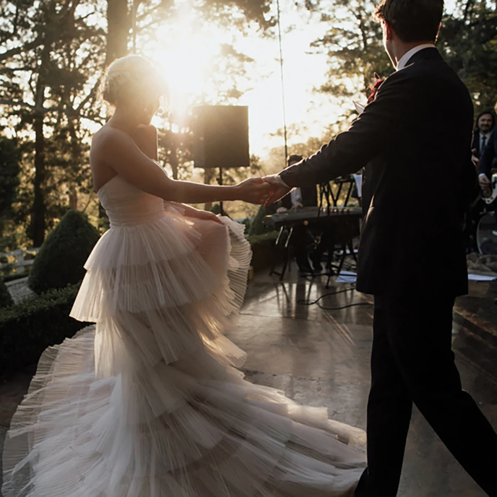 Maxivestido de novia de tul fruncido, elegante, recto, sin tirantes, de malla escalonada, con cremallera en capas, tutú de princesa, rústico