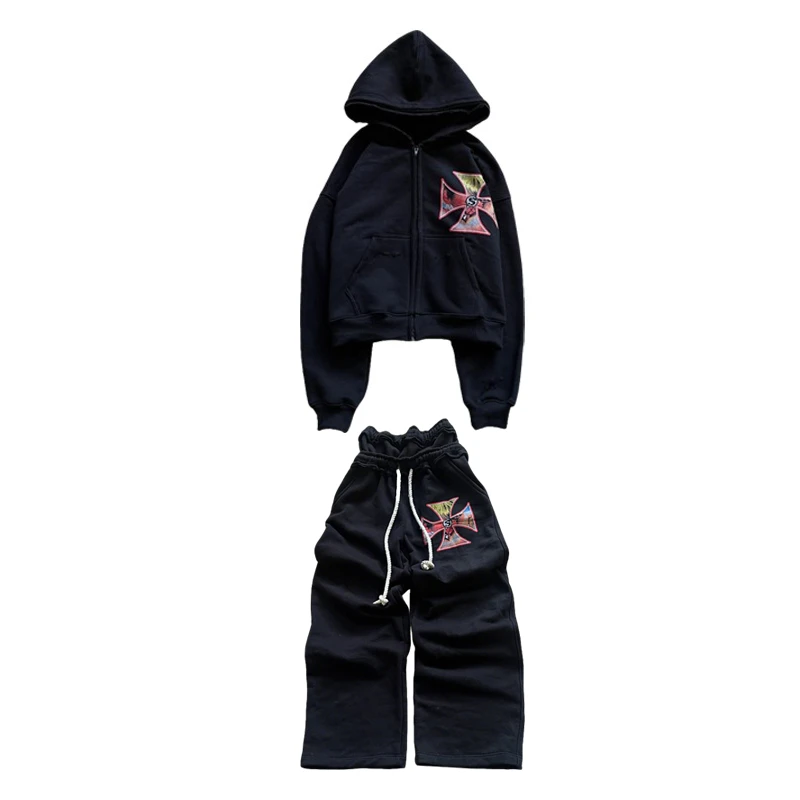 

Y2K Vintage Distressed Two Piece Set Color Cross Graphic Casual Zip Up Hoodie Loose Sweatpants Men Women Comfortable Streetwear