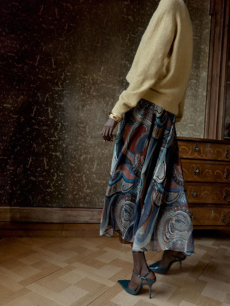 Faionable – jupe mi-longue imprimée Tead en métal pour femme, robe ceinturée, Costume de scène ethnique, nouvelle collection hiver 2025