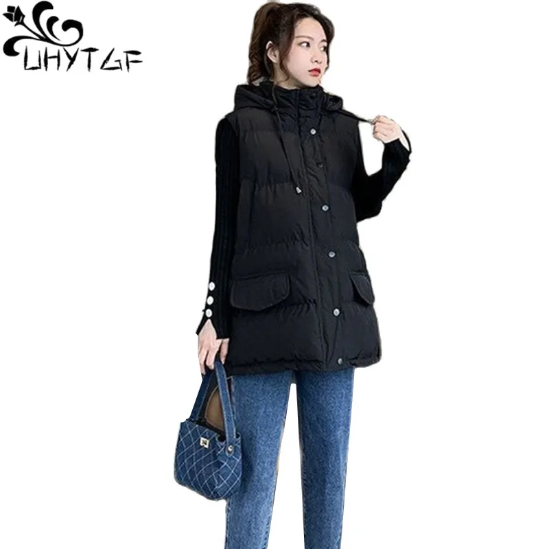 

UHYTGF Autumn Winter Down Jacket Vests Women Solid Hooded Casual Warm Coats Female Medium Length Sleeveless Waistcoat Ladies 147