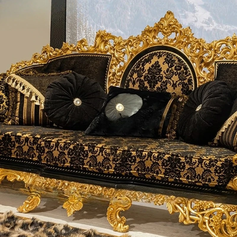 Solid wood carving flower gold large apartment villa living room sofa combination black embroidery fabric