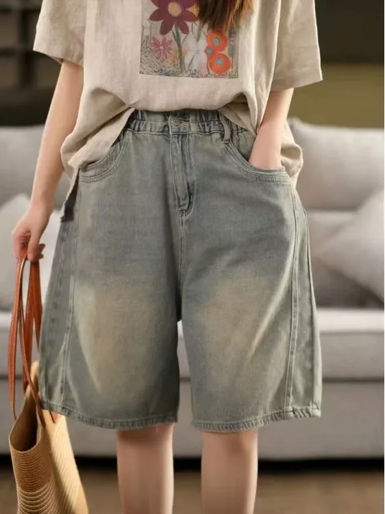 

Retro Denim orts Women Summer 2025 New plus Size Elastic Waist Slim A-Line Wide Leg Five-Quarter Pants Casual Straight Leg ...