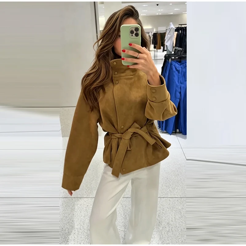 Damen Herbst Winter Hochkragen Wildlederjacke Einfarbig Einreihig Langarm Gürtel Tailliert Lockerer Mantel Lässige Mode Streetwear – Detail 10