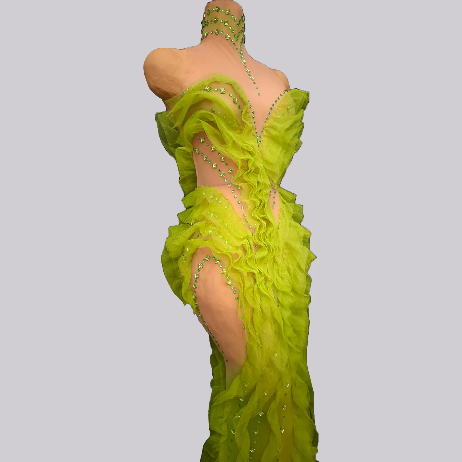 Sexy Green Rhinestones Mesh Dress Singer Event Costume Look Drag Performance Gogo Dance Wear Birthday Party Stage Suit Show Prom