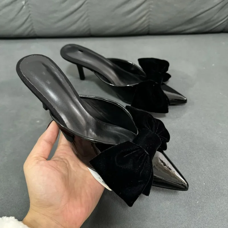 

Black Bow Embellishment Pointed Toe Wrapped Half Slippers With Thin heels High Heels Versatile Sandals For Womenn Heel Sandals