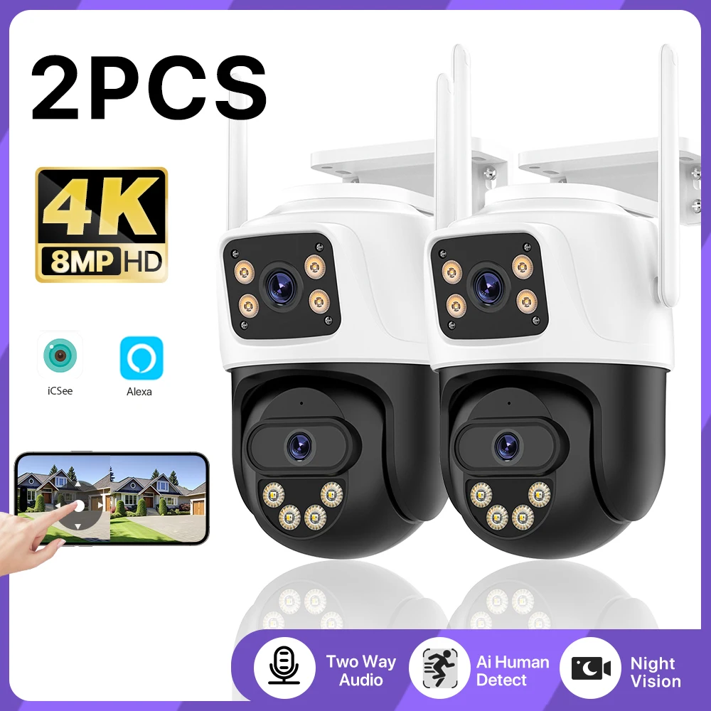 

2pcs Suite IP Camera Outdoor 4K 8MP HD Dual Lens Dual Screen PTZ Camera Auto Tracking Wifi Cam Security Video Surveillance iCSee