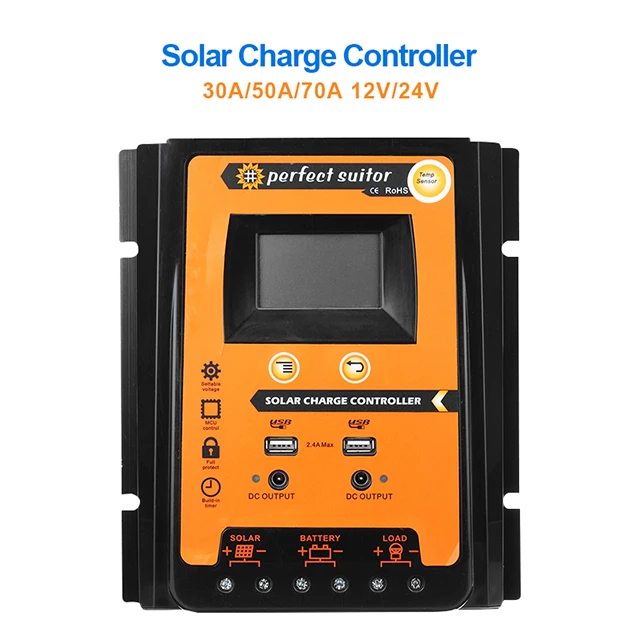 Regulador de energía Solar de adaptación automática, controlador de carga Solar PWM de 30 amperios, 50A, 70A, 30A, 12V, 24V, venta al por mayor de fábrica