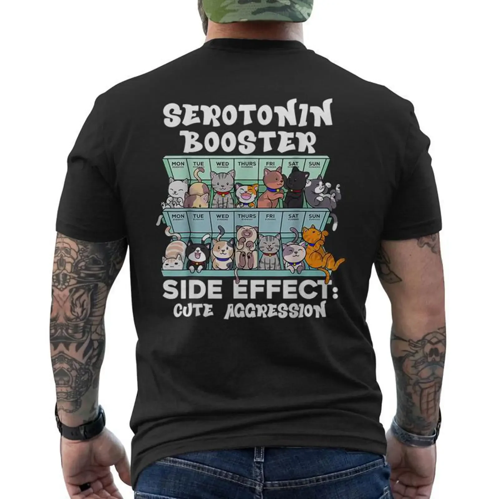 Serotonin Booster Cat Antidepressant Mental Health Therapist Men's Back Print T Shirt Monsterry vintage Washed homme Casual