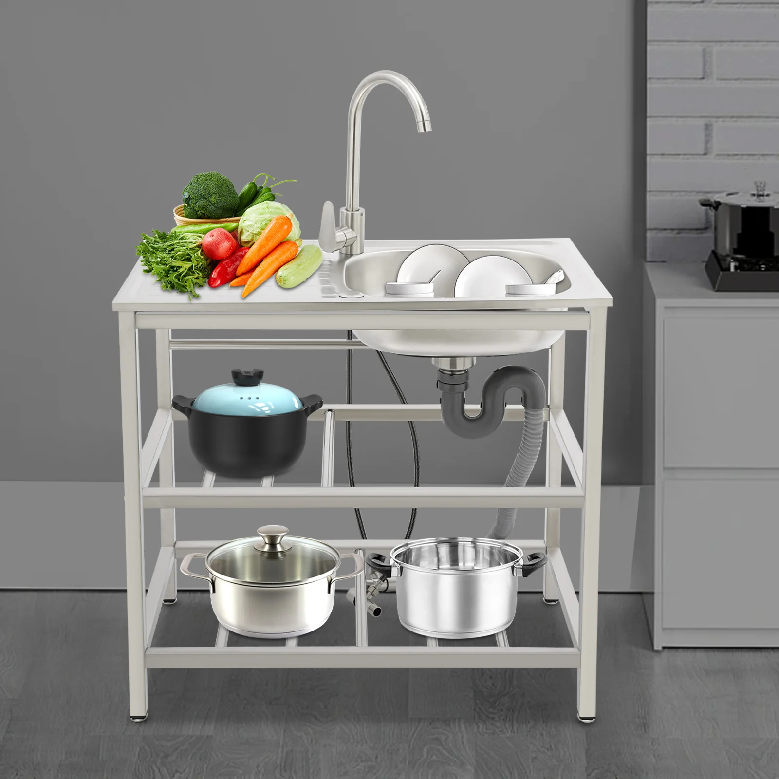 Freestanding Stainless Steel Kitchen Sink with Faucet Outdoor Kitchen Utility Sink Durable And Modern Design for Home Use