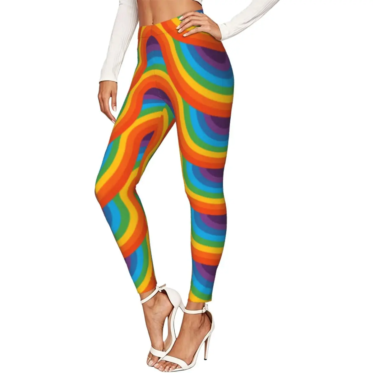 Wavy Rainbow Colorful Lines Women Leggings High Waisted Stretch Tights Workout Running Pants