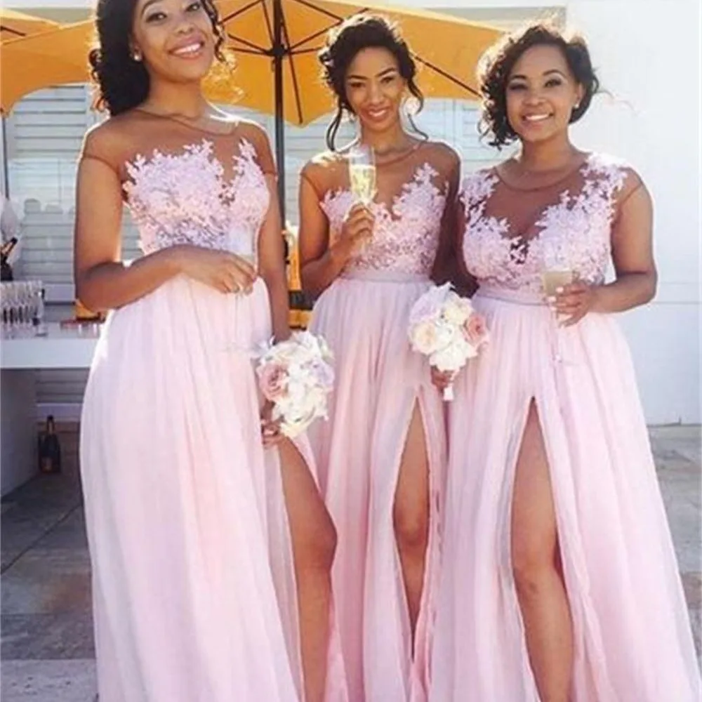 

Angelsbridep Chiffon Pink Side Split Long A-Line Bridesmaid Dresses With Applique Vestido Damas De Honor For Women Wedding Gowns