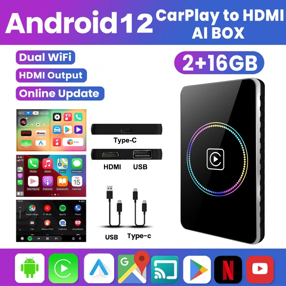 4in1 Smart Ai Box Android 12 Wireless Android Auto CarPlay HDMI For Youtube Nexflit TV Box Dual Wifi Channel With 2 Software