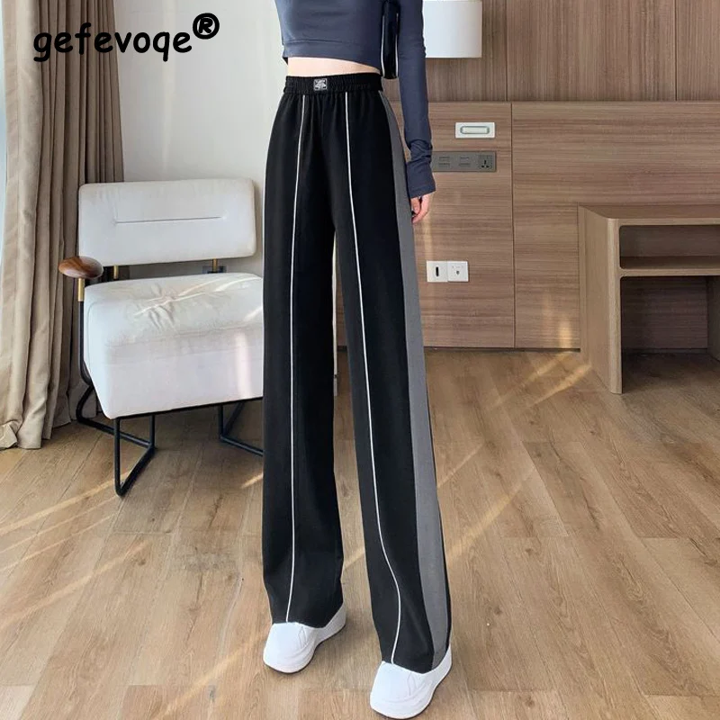 

Casual Streetwear Loose Contrast Color Straight Wide Leg Trousers Female 2023 Summer Korean Fashion High Waist Baggy Pants Women