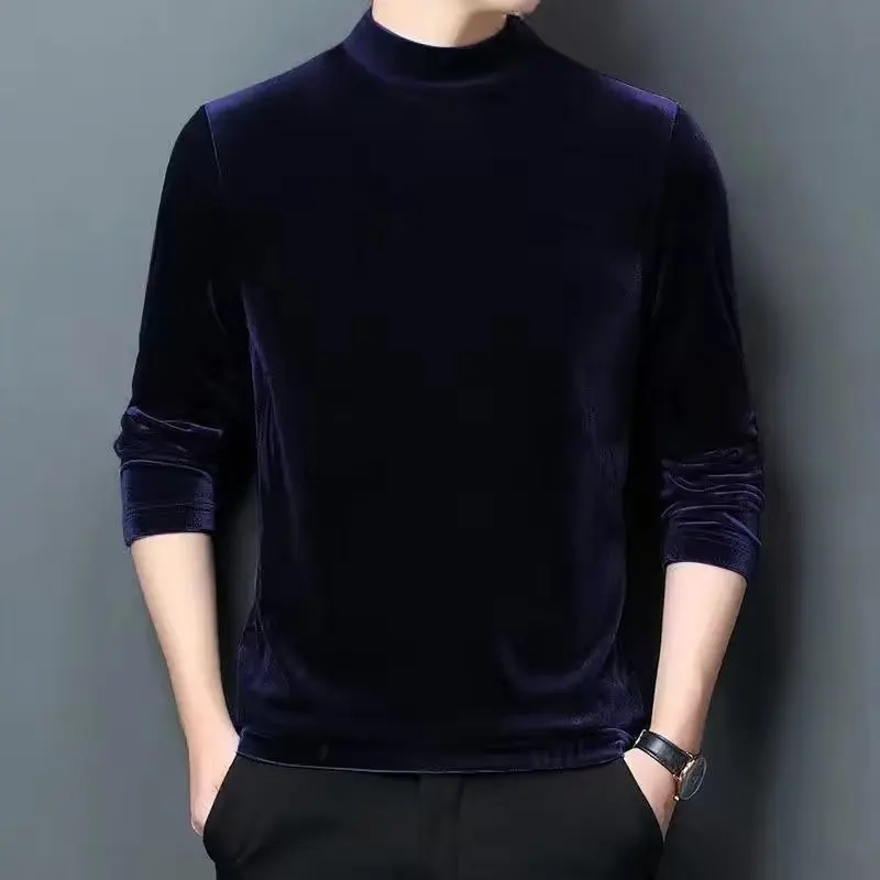 Gold Velvet Tshirt Men\'s Base Shirt Fleece Long Sleeve Shirt Half Turtleneck Pullover Men\'s Warm Top Thicken Oversized T Shirt