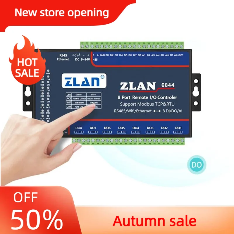 

ZLAN6844 Modbus RS485 Wifi Ethernet RJ45 8 Channel DI AI DO I/O Module RTU Board