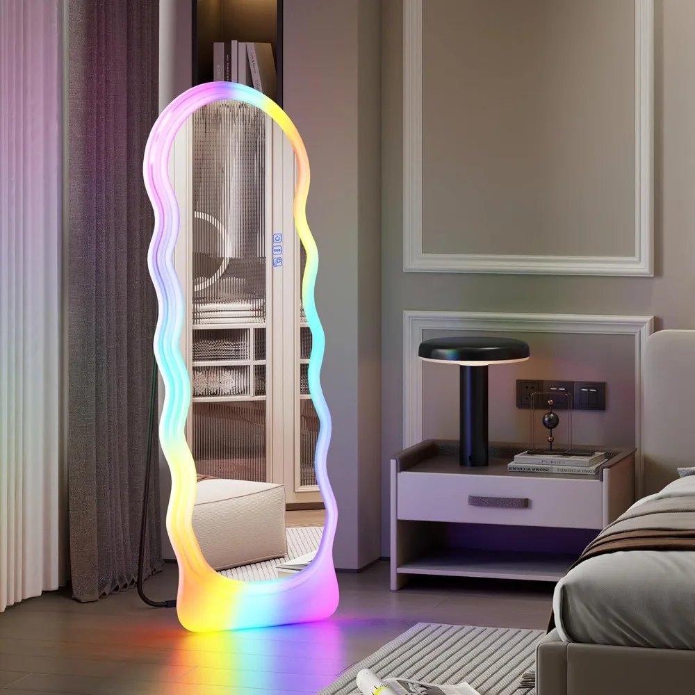 Full Length Mirror with RGB LED Lights, 63x22 Free Standing, 7 Color Dimmable & 7 Color Speed Adjustable, Floor Mirror